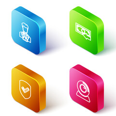 Poster - set isometric line scientist and test tube, cash back, shield with check mark and web camera icon. v
