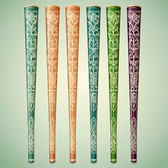 Sticker - A set of colorful Irish bodhran drumsticks with intricate Celtic patterns isolated on a light green background. generative ai