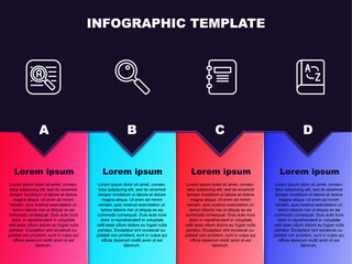 Sticker - Set line Translator, Magnifying glass, Notebook and . Business infographic template. Vector