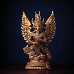 Wall Mural - A traditional Thai gold-painted wooden garuda figurine isolated on a deep blue background. generative ai