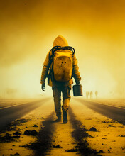 Rear View Of A Male Wearing Yellow Jacket With A Hood And Big Yellow Backpack. Man Walking By The Dirt Road Carrying A Can. Yellow Mist Around. Generative AI.