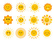 © Ulyana Mo - Vector set of funny suns with faces. Cute summer sunshine emoji. Collection of yellow childish sunny emoticons. Smiling baby sun with sunbeams.