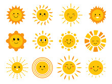 Vector Set Of Funny Suns With Faces. Cute Summer Sunshine Emoji. Collection Of Yellow Childish Sunny Emoticons. Smiling Baby Sun With Sunbeams.