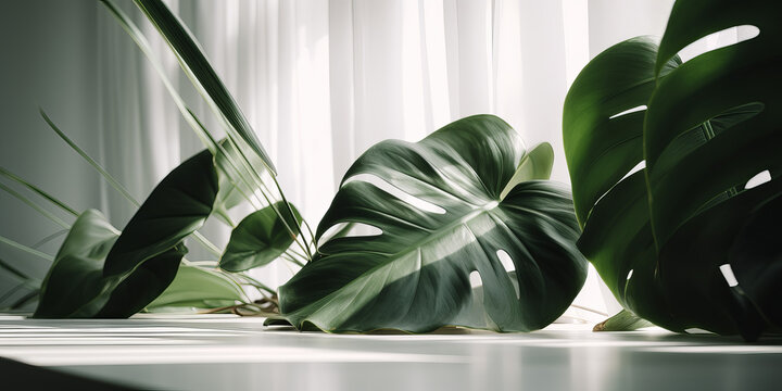 Wall Mural - Tropical leaves interior decoration, plants in sunny room, healthy space. AI generative