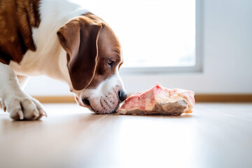 Dog sniffing big chunk of raw meat on kitchen floor. 