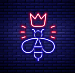 Sticker - Glowing neon line Queen bee icon isolated on brick wall background. Sweet natural food. Honeybee or apis with wings symbol. Flying insect. Colorful outline concept. Vector