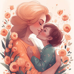 Illustration of a mom hugging her son / daughter. Happy Mothe's Day