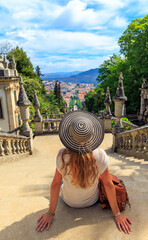 Wall Mural - Woman tourist in Portugal- Sanctuary Nossa Senhora dos Remedios in Lamego- Viseu distric