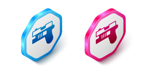 Sticker - Isometric Futuristic space gun blaster icon isolated on white background. Laser Handgun. Alien Weapon. Hexagon button. Vector