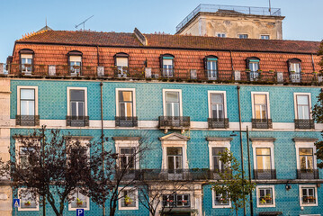 Sticker - Tenement with azulejo facade in Graca area of Lisbon city, Portugal