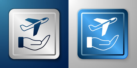 Poster - White Plane in hand icon isolated on blue and grey background. Flying airplane. Airliner insurance. Security, safety, protection, protect concept. Silver and blue square button. Vector