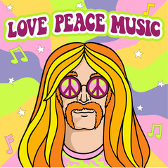 Hippie man in round sunglasses with a symbol of peace, vector illustration in the style of the 70s. Vector colorful background in pop art retro comic style. Symbol pacifism and freedom.