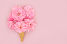 Rose Flower Surreal Ice Cream Waffle Cone Design On Pink Background. Summer Flowers Minimal Abstract Floral Creative Art Trendy Concept. For Valentines, Wedding, Mothers Day, Anniversary Or Birthday D