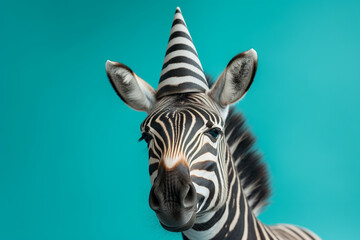 Zebra portrait with a birthday hat on blue background. Generative ai. 