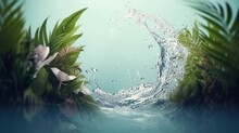 Beautiful Minimal Background With Round Water Splash And Exotic Tropical Leaves. Circular Copy Space In The Middle. AI Generative Image.
