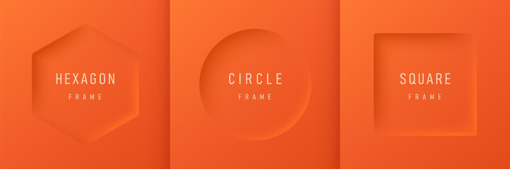Wall Mural - Set of 3D realistic orange background with hexagon, circle and square frames. Minimal neumorphism geometric frames background with copy space. Top view product display. Light and shadow boarder design