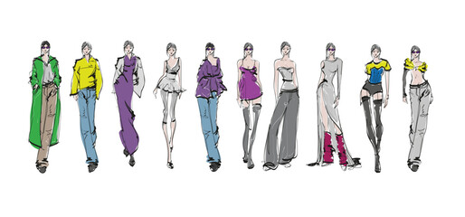 Set of young beautiful women in stylish clothes. Fashion sketch.