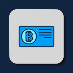 Poster - Filled outline Credit card with bitcoin icon isolated on blue background. Online payment. Cash withdrawal. Modern method of payment. Vector
