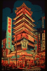 Wall Mural - Tokyo Cyberpunk Street Scene, Vintage Tokyo Cyberpunk Poster Retro Design