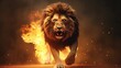 A very fierce lion jumping up and down, roaring, strong sense of camera, chains, background flames, red and yellow tones, realistic, full body shot, 8K, superb detail, wallpaper, Generative AI