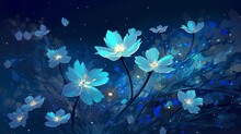Blue Flowers In The Dark With Stars In The Sky, Made Of Crystals, Detailed Illustrations, 32k Uhd, Fanciful Illustrations, Simple Designs, Wallpaper, Generative AI