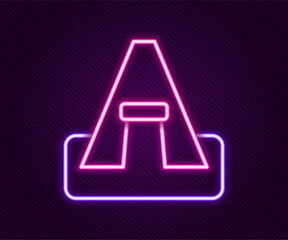 Sticker - Glowing neon line Tourist tent icon isolated on black background. Camping symbol. Colorful outline concept. Vector