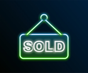 Poster - Glowing neon line Hanging sign with text Sold icon isolated on black background. Auction sold. Sold signboard. Bidding concept. Auction competition. Colorful outline concept. Vector