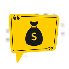 Sticker - Black Money bag icon isolated on white background. Dollar or USD symbol. Cash Banking currency sign. Yellow speech bubble symbol. Vector