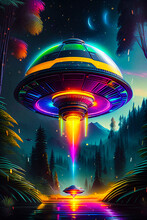 Science Fiction Artwork Of Time Travel With Futuristic Spacecraft In Magical Forest Illustration. Cyberpunk Sci Fi Alien Spaceship Ufo Is Landing In The Mysterious Jungle At Night. Generative AI