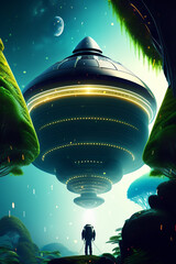 science fiction artwork of time travel with futuristic spacecraft in magical forest illustration. cy