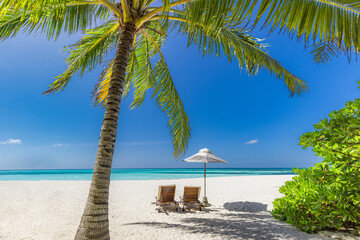 Wall Mural - Summer beach landscape. Couple traveling, blue sunny sea sky, white sand palm trees, exotic shore. Honeymoon vacation, together chairs umbrella. Tropical freedom island, paradise leisure lifestyle