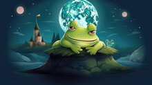 A Tired Sleepy Frog In Front Of His Castle At The Lake, Moonlight In Background, Generative Ai Technology