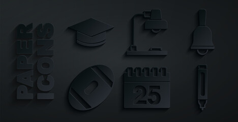 Sticker - Set Calendar, Ringing bell, American Football ball, Marker pen, Table lamp and Graduation cap icon. Vector