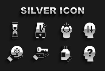 Sticker - Set Solution to the problem, Head with question mark, Sedative pills, Psychology, Psi, Anger, Old hourglass and Metronome pendulum icon. Vector