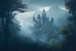 A mystical forest with a hidden castle in the mist. Created with generative AI.