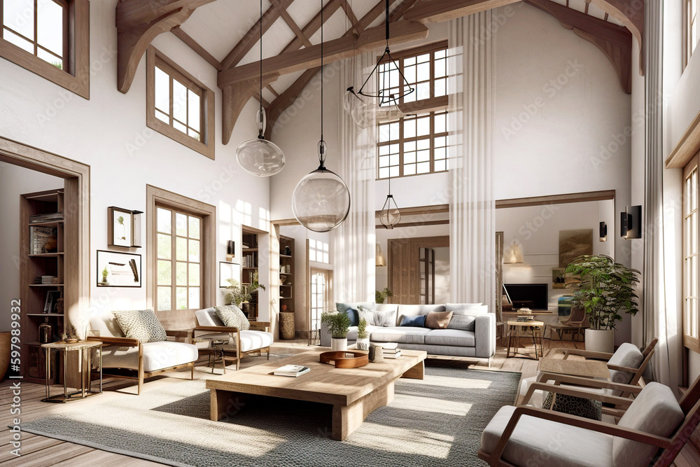 Vaulted cathedral ceiling in house. Interior design of modern living ...