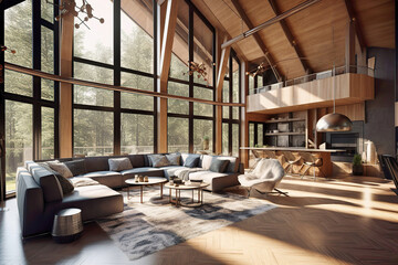 Wooden house in forest, Interior design of modern living room with vaulted ceiling and big windows. Created with generative AI