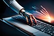 Hand eines Roboters schreibt auf einer Laptop Tastatur
