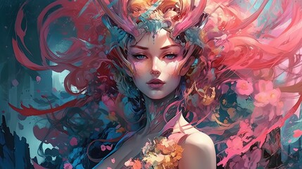 Wall Mural - Title: Illustration of a Fantasy woman and abstract art, AI Generated.