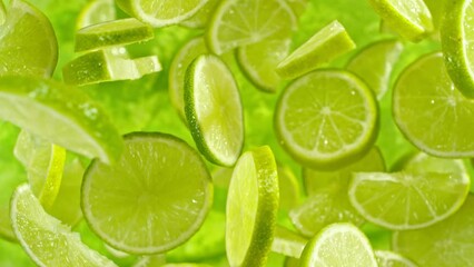 Fototapete - Super slow motion of flying lime slices on green background. Filmed on high speed cinema camera, 1000 fps. Camera placed on high speed cine bot, tracking the object. Speed ramp effect.