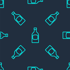 Canvas Print - Green line Beer bottle icon isolated seamless pattern on blue background. Vector