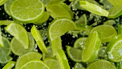Aufkleber - Super slow motion of flying lime slices on black background. Filmed on high speed cinema camera, 1000 fps. Camera placed on high speed cine bot, tracking the object.