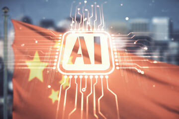 Poster - Abstract virtual artificial Intelligence symbol hologram on flag of China and blurry cityscape background. Multiexposure