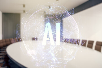 Aufkleber - Creative artificial Intelligence symbol hologram on a modern coworking room background. Double exposure