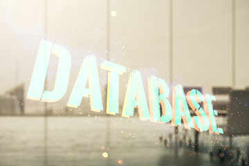 Poster - Double exposure of Database word sign on a modern conference room background, global research and analytics concept