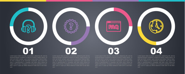 Poster - Set line Headphones, Question mark, Browser FAQ and Telephone 24 hours support. Business infographic template. Vector