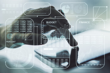 Poster - Abstract creative analytics data spreadsheet with finger clicks on a digital tablet on background, analytics and analysis concept. Multiexposure