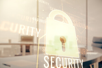 Poster - Virtual creative lock sketch with chip hologram on a modern boardroom background, protection of personal data concept. Multiexposure