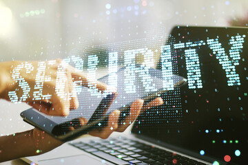 Poster - Cyber security creative concept with finger clicks on a digital tablet on background. Double exposure