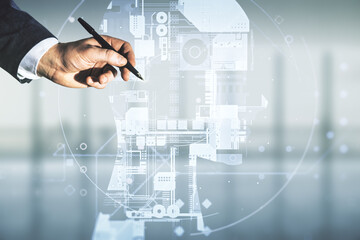 Poster - Double exposure of man hand with pen working with creative human head microcircuit hologram on blurred office background. Future technology and AI concept